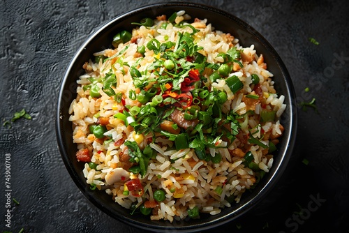 Top-View Image of Khao Pad Fried Rice with Thai Cuisine on Black Background. Concept Food Photography, Thai Cuisine, Top-View Shot, Black Background, Khao Pad Fried Rice