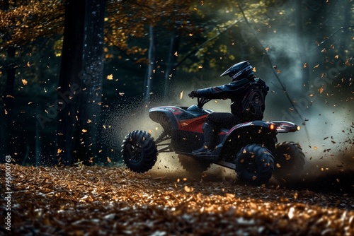 side profile of a highspeed atv, kicking up leaves in the forest photo