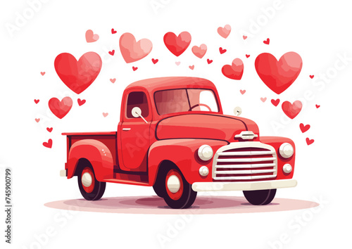 Red Retro Truck With Hearts. Cute Vintage Pickup Truk