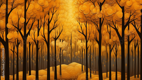 Whimsical Golden-Hued Stylized Forest Illustration.