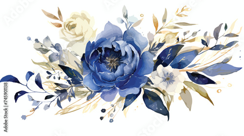Watercolor Navy Blue Bouquet Gold Leaves Botanical C
