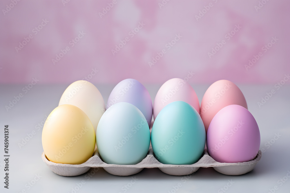 Pastel colored Easter eggs in egg box in front of pink background Pastel colored Easter eggs in egg box in front of pink background
