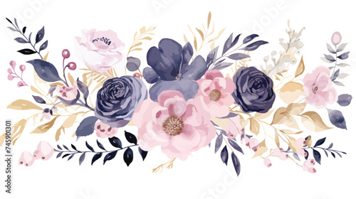 Watercolor Navy Pink Bouquet Gold Leaves Botanical 
