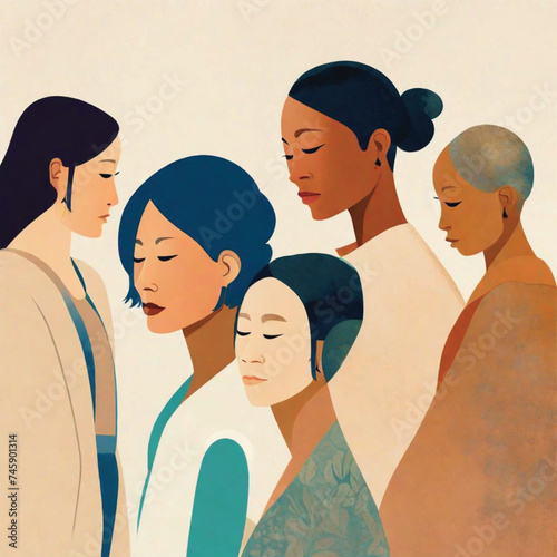 Harmony in Diversity: Serene Stylized Women Illustration