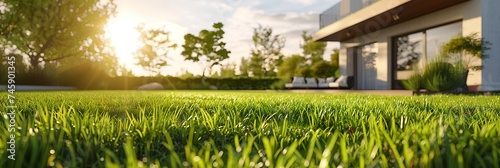 The morning sun shines on the green lawn  The backyard for the background  the meadow grass  The design concept for background. Panoramic