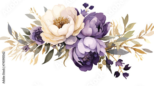 Watercolor Purple Bouquet Gold Leaves Botanical Clipart