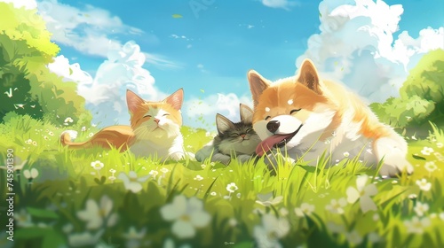 Cute cats and dog lying on the ground comfortably.