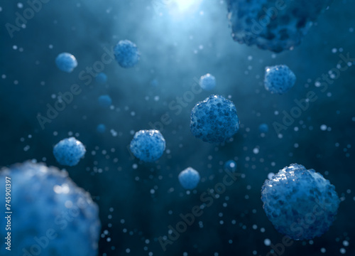 Close up of virus or bacteria cells in dark blue background. 3D rendering for microbiology background.