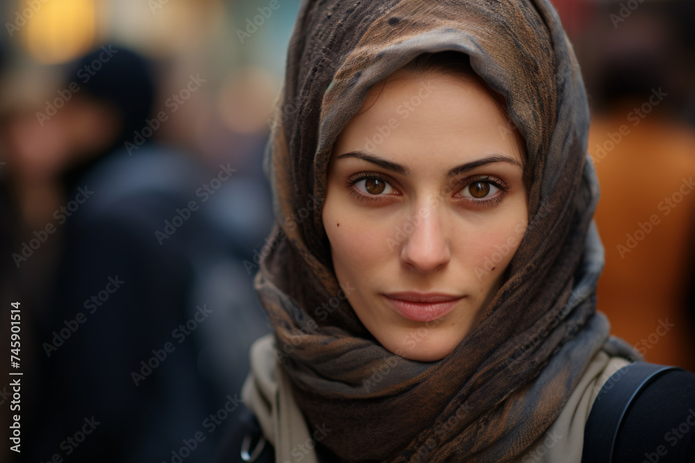 Young muslim woman with hijab headscarf with blurry city street in background