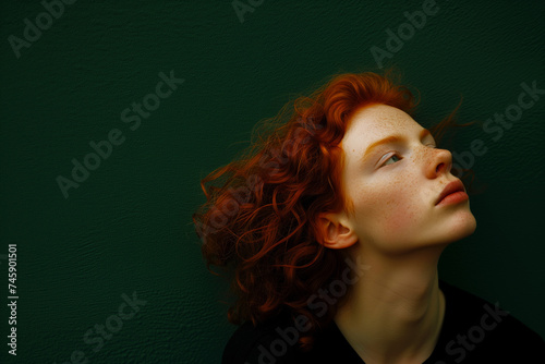 redhaired individual against a forest green wall