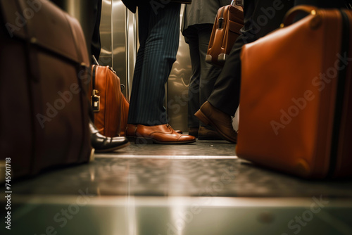 closeup of feet and briefcases in a crowded elevator
