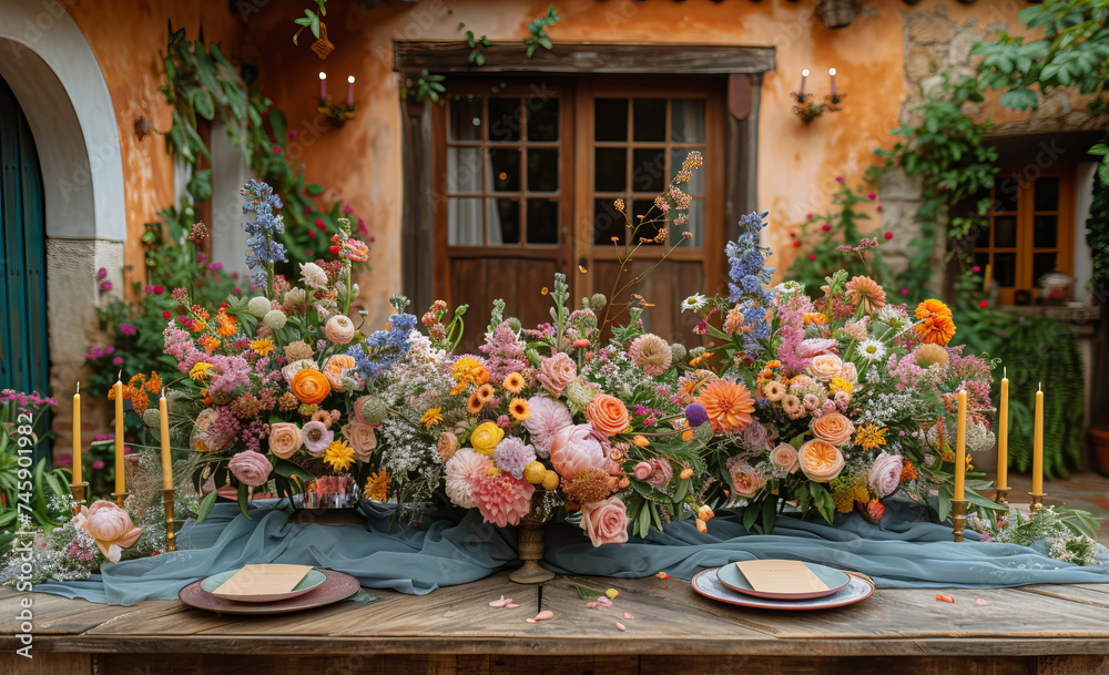 bohemian wedding table with a rectangular wooden table covered with flowers and greenery, topped with delicate cutlery and glasses.