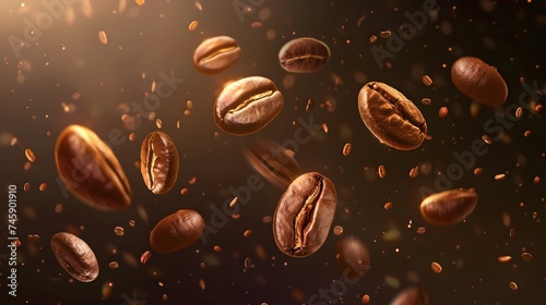 Coffee beans in flight on dark background. Flying coffee grains. Applicable for cafe advertising, package, menu design. digital ai