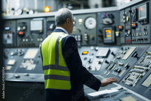 man in suit with safety vest inside refinery control room photo