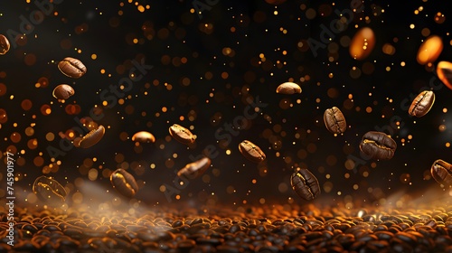 Coffee beans in flight on dark background. Flying coffee grains. Applicable for cafe advertising, package, menu design. digital ai photo