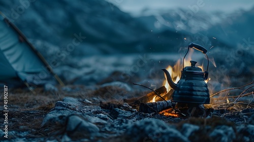 Coffee pot on campfire. Small kettle is heated on a bonfire. Hiking, travel in the mountains. Outdoor recreation concept. photo