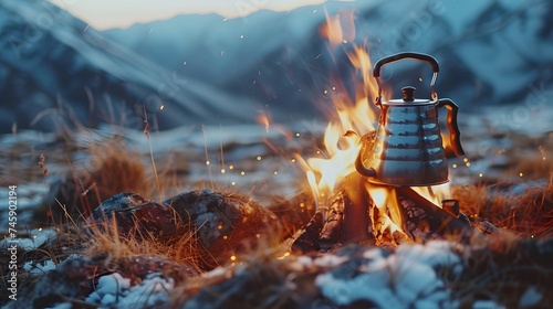 Coffee pot on campfire. Small kettle is heated on a bonfire. Hiking, travel in the mountains. Outdoor recreation concept. photo