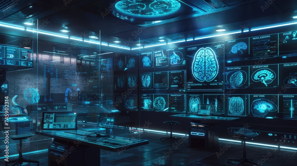 ฺฺBrain research medical technology. Modern Brain Study Laboratory and Monitors EEG Reading and Brain Model Functioning. Futuristic Holographic Interface, Showing Neurological Data. ฺฺBrain research medical technology. Modern Brain Study Laboratory and Monitors EEG Reading and Brain Model Functioning. Futuristic Holographic Interface, Showing Neurological Data.