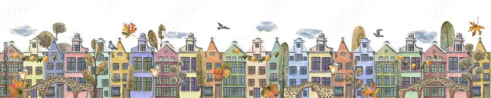 Ancient European houses are colorful, with autumn trees and leaves, stone bridges and lanterns. Hand drawn watercolor illustration. Seamless border is isolated from the background.