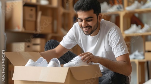 Portrait of happy young indian man unboxing parcel with shoes at home, smiling eastern guy opening cardboard box and looking at new pair of white sneakers, satisfied with online shopping © buraratn