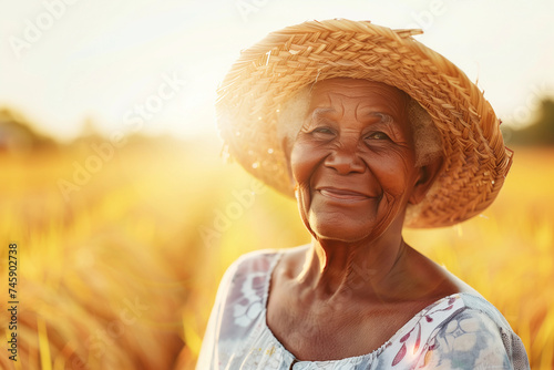 Elderly african woman farmer in the field, golden hour