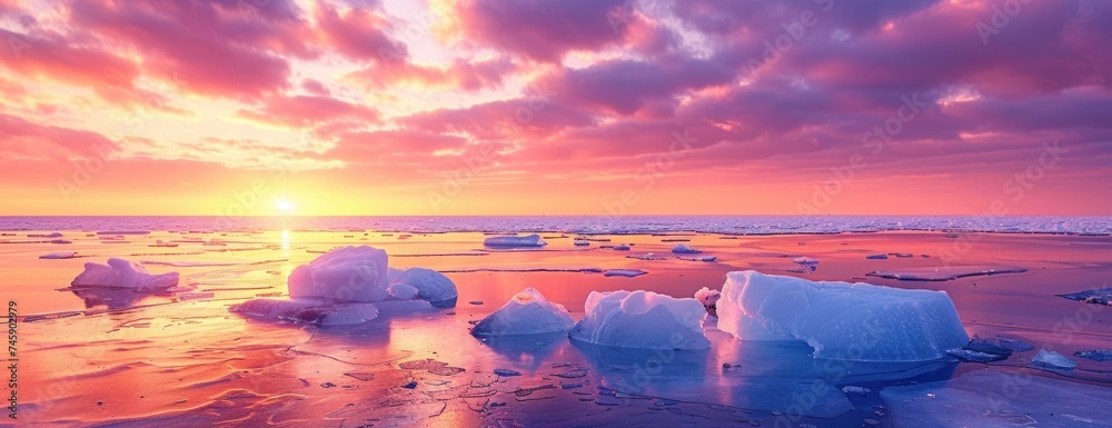 Tranquil Sea and Ice Under a Spectrum Sky: Perfect Horizon with Sunset Colors - obrazy, fototapety, plakaty 