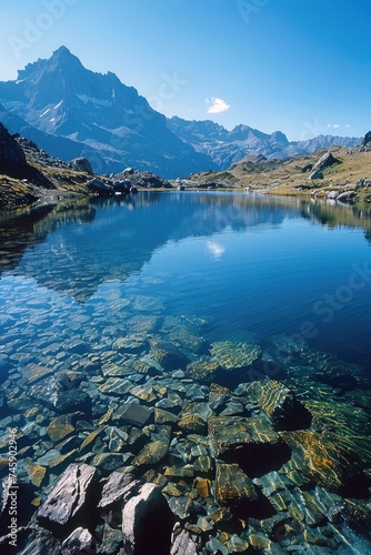 Dawn Light Over Serene Alpine Waters: Misty Mountain Reflections on a Rocky Shoreline