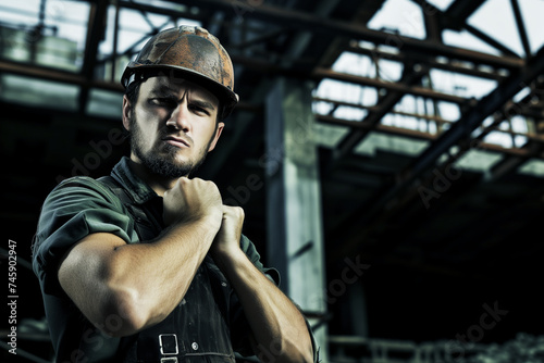 engineer with clenched fists, unfinished structure backdrop