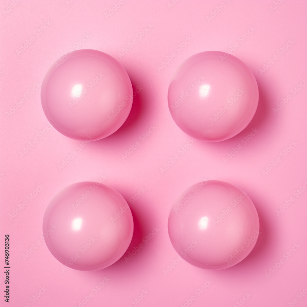 photo of 4 pink gumballs, pattern, overhead view, backdrop solid pink background