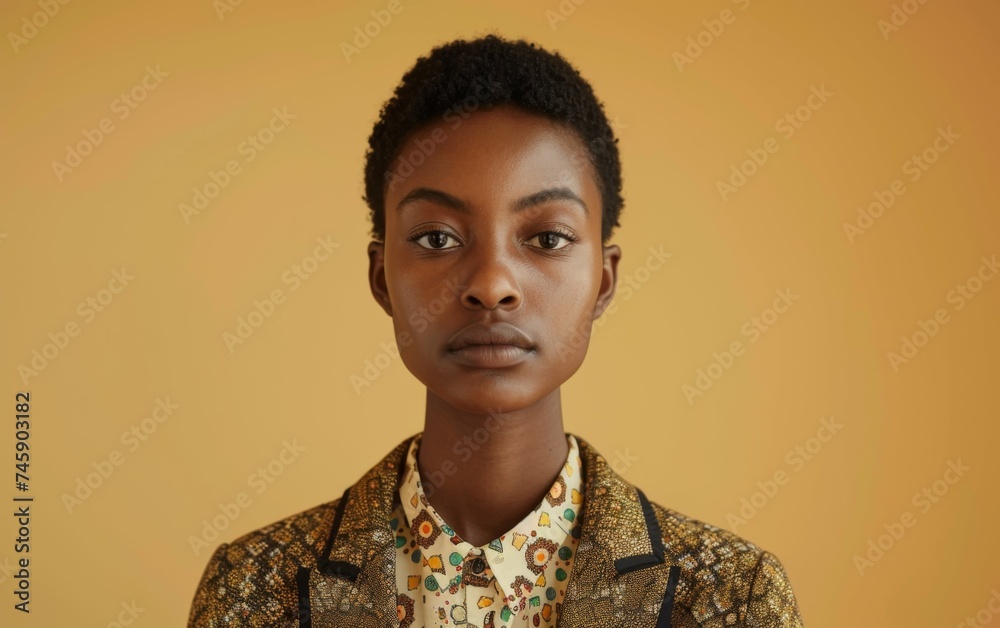 Obraz premium young adult stage, Southern African individual. Illuminate them againstA ochre background with professional lighting, Their faces should express empathy