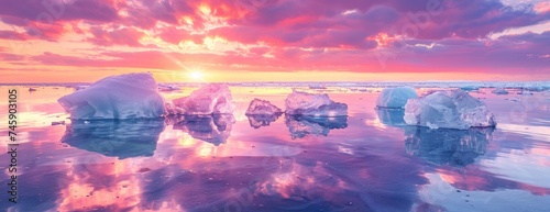 Dramatic Sunset over Glacial Seas: Pink, Orange, and Purple Hues with Ice Reflections