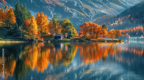 Golden Hour Serenity: Vibrant Autumn Foliage and Quaint Hut Reflection on Placid Lake