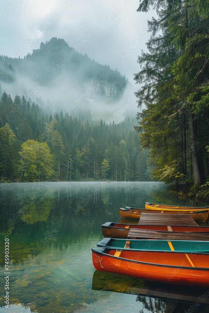 Serene Lake Dawn: Mist Over Water with Pine Surroundings and Canoes on Wooden Dock