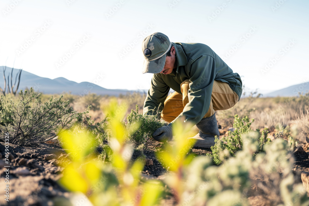 Naklejka premium conservationist planting shrubs to resist desertification during calm