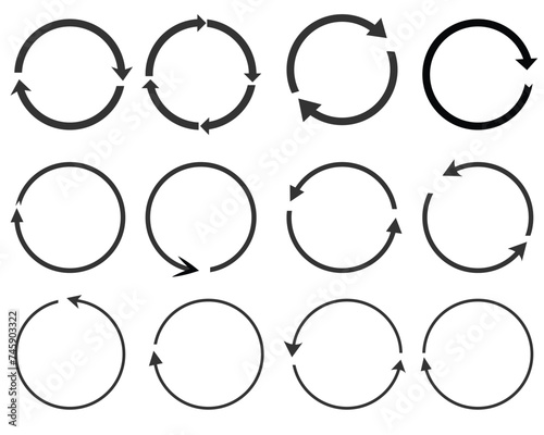 Set of circle arrows rotating on white background. Refresh, reload, recycle, loop rotation sign collection. Black circle arrows for infographics web design. Vector illustration flat style clip art 4 4 photo