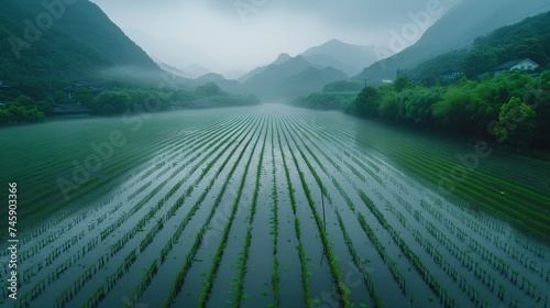 Rice fields, seedlings, rain in China 