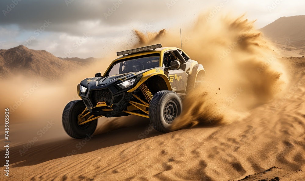 A Yellow and Black Buggy Racing Across the Sandy Desert