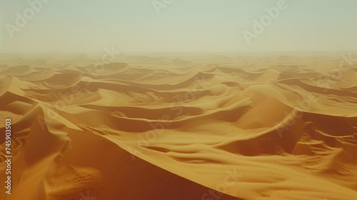 Desert landscape with sand dunes and warm sun heat, Generative AI