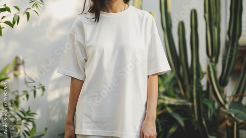 woman wearing white oversized t-shirt in botanical garden greenery urban fashion photo