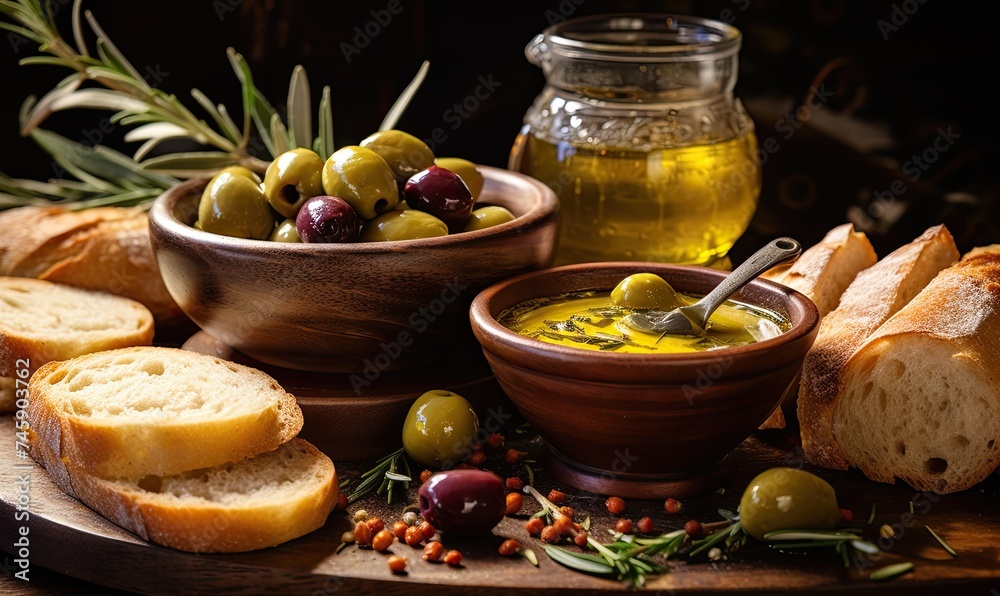 A Feast of Olives: Table Spread with Bread and a Bowl of Briny Goodness