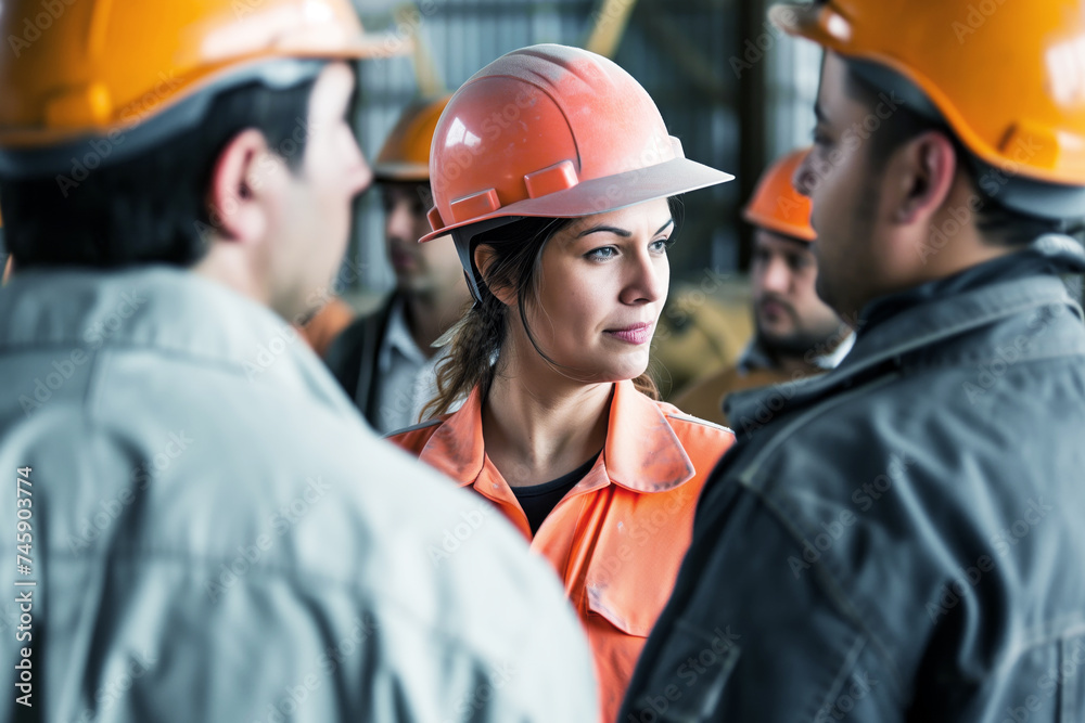 female construction worker in a hard hat among male colleagues female construction worker in a hard hat among male colleagues
