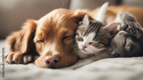  Cat and dog sleeping together. Kitten and puppy taking nap. Home pets. Animal care. Love and friends 