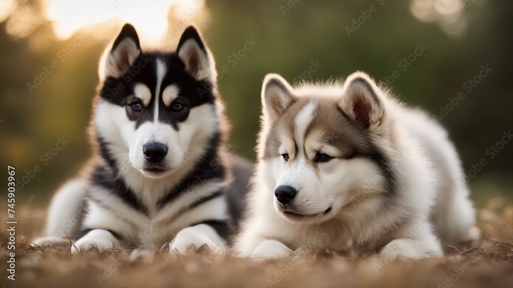 siberian husky puppy Puppy and adult malamute dogs against white.  