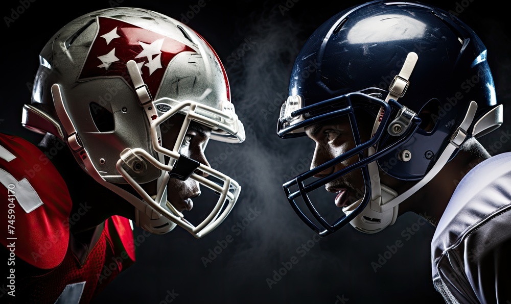 A Clash of Titans: Intense Face-Off Between Helmeted Football Players A Clash of Titans: Intense Face-Off Between Helmeted Football Players