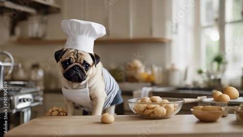 chef preparing food A pug puppy wearing a tiny chefs hat and apron, standing on a stool in a kitchen, hilariously   photo