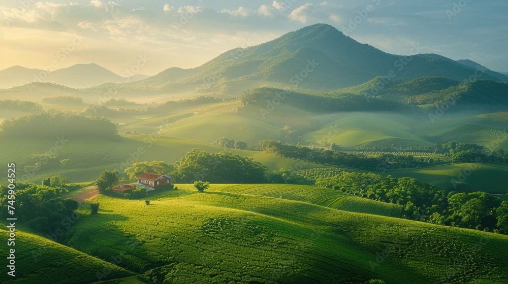 Solitary Mountain Over Hills with Farmhouse in a Lush Valley at Golden Hour