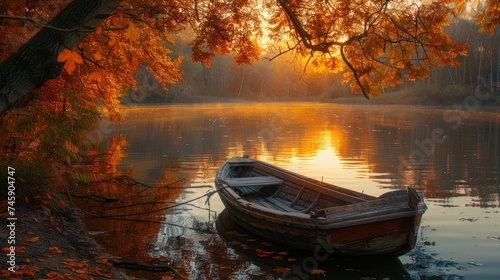 Sunset Light Casting Soft Glow on a Wooden Boat at a Tranquil Autumn Riverside