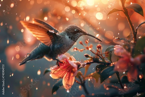 Hummingbird Perched on Flower in Rain