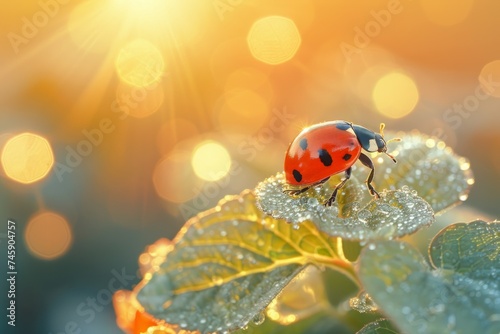 Ladybug Perched on Dewy Leaf