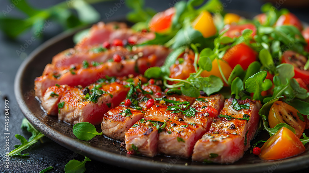 Grilled tuna steaks with fresh salad on plate. Seared tuna slices paired with a vibrant salad, served on a rustic ceramic plate